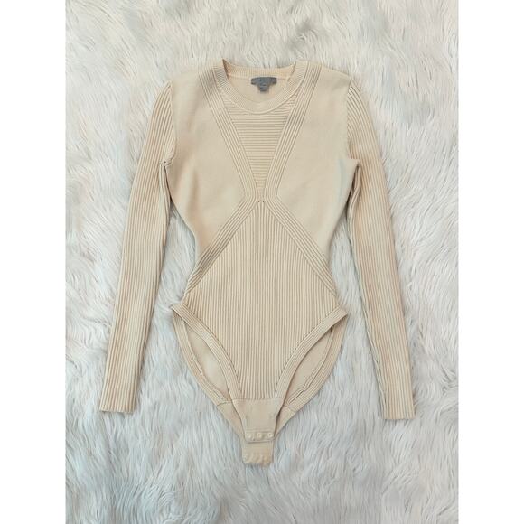 COS Ribbed Long Sleeve Bodysuit Seamless Rib Knit Fitted Top Beige Sweater - Picture 7 of 14